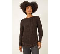 Roman Originals Women Ribbed Jumper for Women UK Ladies Curved Hem Sweater Stitch Detail Pullover Chunky Knitwear Knit Winter Autumn Textured Oversized Soft Cosy Comfy - Chocolate - Size 14