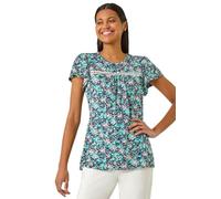 Roman Daisy Applique Stretch Top for Women UK - Ladies Autumn Everyday Winter Holiday Round Neckline Comfy Short Sleeve Soft Floral Tee Office Desk Shirts - Navy Floral - Size 18