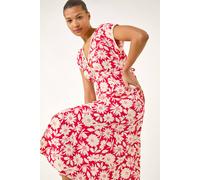 Roman Originals Daisy Print Lace Trim Midi Dress for Women UK - Ladies Everyday Holiday Spring Summer V-Neckline Comfy Soft Evening Vacation Work Party - Red - Size 16