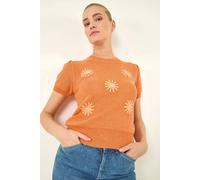 Roman Daisy Sequin Embroidered Knit Top In Orange Orange 16