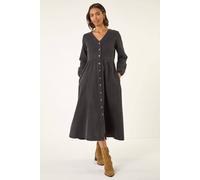 Roman Originals Denim Button Through Midi Dress for Women UK - Ladies Everyday Autumn Winter V-Neckline Comfy Soft Evening Vacation Work Party Night Out - Black - Size 20