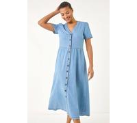 Roman Originals Women Button Through Dress - Ladies Summer Beach Ditsy Spot Midi Maxi Spring Everyday Evening Work Holiday Vacation Short Sleeve Smart Casual - Denim Blue - Size 16