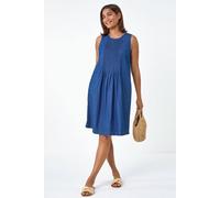 Roman Denim Pintuck Detail Pocket Dress for Women UK - Ladies Spring Everyday Summer Holiday Round Neckline Comfy Sleeveless Soft Gather Skirt Frock Vacation Gowns - Blue - Size 14