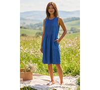 Roman Denim Pintuck Detail Pocket Dress for Women UK - Ladies Spring Everyday Summer Holiday Round Neckline Comfy Sleeveless Soft Gather Skirt Frock Vacation Gowns - Blue - Size 18