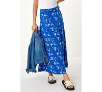 Roman Originals Jersey Skirt for Women UK - Ladies Midi Maxi Floral Animal Print Autumn Winter Swing Smart Casual Office Cocktail Party Going Out Evening Holiday Cruise - Ditsy Royal Blue - Size 16