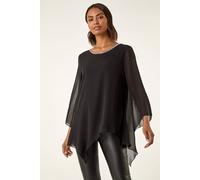 Roman Originals Sparkly Asymmetric Chiffon Top for Women UK - Ladies Everyday Autumn Winter Round Neckline Comfy Soft Evening Vacation Work Party Night Out - Black - Size 10