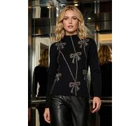Roman Originals Diamante Bow High Neck Knit Jumper for Women UK - Ladies Everyday Autumn Winter High Neckline Comfy Soft Evening Vacation Work Party Night Out - Black - Size SM