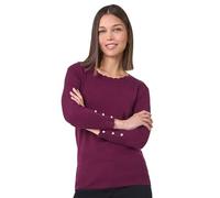 Roman Diamante Button Scallop Edge Jumper for Women UK - Ladies Autumn Everyday Winter Holiday Round Neckline Comfy Long Sleeve Soft Slim Fit Knitted Sweater Warm Tops - Burgundy - Size 12