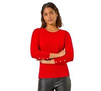 Roman Diamante Button Scallop Edge Jumper for Women UK - Ladies Autumn Everyday Winter Holiday Round Neckline Comfy Long Sleeve Soft Slim Fit Knitted Sweater Warm Tops - Red - Size 14