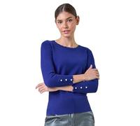 Roman Diamante Button Scallop Edge Jumper for Women UK - Ladies Autumn Everyday Winter Holiday Round Neckline Comfy Long Sleeve Soft Slim Fit Knitted Sweater Warm Tops - Royal Blue - Size 20