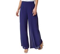 Roman Originals Wide Leg Trousers for Women UK Ladies Palazzo Pants Diamante Embellished Side Split Chiffon Smart Evening Christmas New Years Party Formal Sparkle Bottoms - Sparkly Navy - Size 20