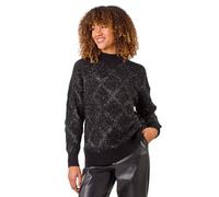 Roman Diamond Print Tinsel High Neck Jumper for Women UK - Ladies Autumn Everyday Winter Holiday Long Sleeves Soft Funnel Neckline Comfy Warm Feel Top Office Desk Sweaters - Black - Size 12