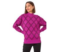 Roman Diamond Print Tinsel High Neck Jumper for Women UK - Ladies Autumn Everyday Winter Holiday Long Sleeves Soft Funnel Neckline Comfy Warm Feel Top Office Desk Sweaters - Magenta - Size 16