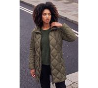 Roman Padded Coat for Women UK - Ladies Longline Puffer Winter Quilted Parka Waterproof Rainproof Wind Resistant Thermal Jacket Long Length Warm Zip Hood Puffa Cosy - Matte Khaki - Size 12