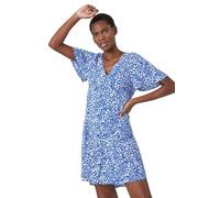 Roman Ditsy Floral Print Button Dress for Women UK - Ladies Spring Everyday Summer Holiday V-Neckline Comfy Short Sleeve Soft Fit & Flare Frock Dinner Date Gowns - Blue - Size 12