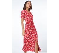 Roman Originals Women Shirred Waist Dress Ladies Spring Everyday Summer Holiday V-Neckline Comfy 3/4 Sleeve Soft Tassle Detail Frock Vacation Gowns Chiffon Maxi Midi Wrap - Red & White - Size 20