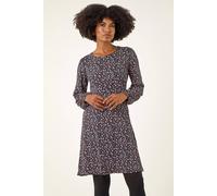Roman Originals Women Gathered Chest Dress Ladies Stretchy Fit & Flare Swing Tea A Line Skater Knee Length Long Sleeve Midi Smart Casual Work Going Out Cocktail Party - Navy Ditsy Floral - Size 18