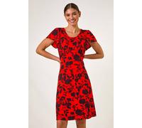 Roman Originals Ditsy Floral Print Stretch Dress for Women UK - Ladies Everyday Holiday Spring Summer Round Neckline Comfy Soft Evening Vacation Work Party - Red - Size 12