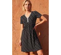 Roman Originals Ditsy Floral Print Trim Dress for Women UK - Ladies Everyday Holiday Spring Summer V-Neckline Comfy Soft Evening Vacation Work Party - Noir Ivory - Size 18