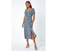Roman Ditsy Floral Ruched Stretch Midi Dress In Green Green