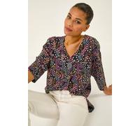 Roman Ditsy Floral V-Neck Kimono Top In Black Black 12