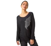 Roman Dragonfly Print Sequin Knitted Stretch Top for Women UK - Ladies Everyday Autumn Winter Round Neckline Comfy Soft Evening Vacation Work Party Night Out - Noir - Size L