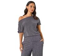 Roman Dusk Metallic Drape Side Top for Women UK - Ladies Autumn Everyday Winter Holiday Off The Shoulder Comfy Short Sleeve Soft Shirt Dinner Party Blouses - Navy - Size 12