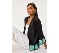 Roman Originals Edge Crochet Hem Knit Cardigan for Women UK - Ladies Everyday Holiday Spring Summer Comfy Soft Evening Vacation Work Party - Black - Size 12