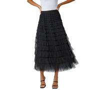 Roman Elasticated Mesh Tiered Ruffle Skirt for Women UK - Ladies Autumn Everyday Winter Holiday Midi Length Comfy Pull On Soft Stretch Waist Dinner Out Skirts - Black - Size 12