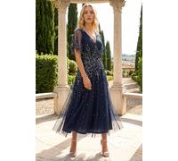 Roman Women's Embellished Angel Sleeve Midi Dress in Navy | Size: 12 Roman Navy 12