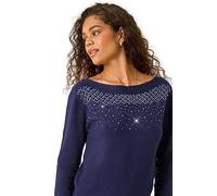 Roman Embellished Boat Neck Jumper for Women UK - Ladies Autumn Everyday Winter Holiday Long Sleeve Soft Sparkle Design Comfy Warm Feel Top Dinner Date Sweaters - Midnight Blue - Size 16