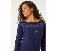 Roman Embellished Boat Neck Jumper for Women UK - Ladies Autumn Everyday Winter Holiday Long Sleeve Soft Sparkle Design Comfy Warm Feel Top Dinner Date Sweaters - Midnight Blue - Size 16