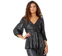 Roman Embellished Sequin Stretch Wrap Top for Women UK - Ladies Autumn Everyday Winter Holiday V-Neckline Comfy 3/4 Sleeve Soft Belt Detail Blouse Dinner Out Shirts - Black - Size 14