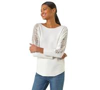 Roman Embellished Sleeve Knit Jumper for Women UK - Ladies Spring Everyday Summer Holiday Round Neckline Comfy Long Sleeve Soft Knit Top Day Out Sweaters - Ivory - Size ONE