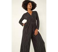 Roman Originals Embellished Wide Leg Stretch Jumpsuit for Women UK - Ladies Everyday Autumn Winter V-Neckline Comfy Soft Evening Vacation Work Party Night Out - Black - Size 14