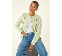 Roman Originals Embroidered Floral Knit Cardigan for Women UK - Ladies Everyday Autumn Winter Round Neckline Comfy Soft Evening Vacation Work Party Night Out - Pale Green - Size 14