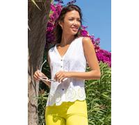 Roman Originals Crinkle Top for Women UK Ladies Embroidered Blouse 100% Cotton Lace Eyelet Shirt Cami Tunic Vest Sleeveless Short Sleeve Casual Notch Neck Broderie Anglaise - White - Size 14