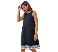 Roman Embroidered Trim Stretch Jersey Shift Dress for Women UK - Ladies Spring Everyday Summer Holiday Round Neckline Comfy Sleeveless Soft Knee Length Frock Daywear Gowns - Black - Size 20
