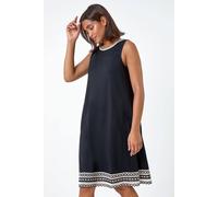 Roman Embroidered Trim Stretch Jersey Shift Dress for Women UK - Ladies Spring Everyday Summer Holiday Round Neckline Comfy Sleeveless Soft Knee Length Frock Daywear Gowns - Black - Size 18
