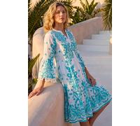 Roman Originals Beaded Tassel Trim Smock Dress for Women UK - Ladies Everyday Holiday Spring Summer V-Neckline Comfy Soft Evening Vacation Work Party - Blue - Size 14