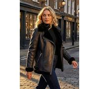 Roman Faux Leather Jacket for Women UK - Ladies Bomber Aviator Coat Moto Biker Pilot PU Flying Teddy Borg Sherpa Fur Trim Furry Fleece Collar Lined Casual Warm - Black - Size 20