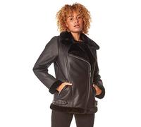 Roman Faux Leather Jacket for Women UK - Ladies Bomber Aviator Coat Moto Biker Pilot PU Flying Teddy Borg Sherpa Fur Trim Furry Fleece Collar Lined Casual Warm - Black - Size 12