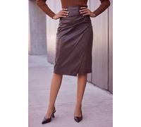 Roman Faux Leather Ruched Wrap Skirt for Women UK - Ladies Autumn Everyday Winter Holiday Midi Length Comfy Soft Feel Zip Fastened Evening Night Out Skirts - Chocolate - Size 16