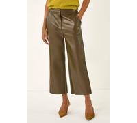 Roman Originals Faux Leather Wide Leg Crop Trousers for Women UK - Ladies Everyday Autumn Winter Comfy Soft Evening Vacation Work Party Night Out - Olive - Size 20