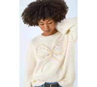 Roman Originals Faux Pearl Bow Knit Crew Jumper for Women UK - Ladies Everyday Autumn Winter Crew Neckline Comfy Soft Evening Vacation Work Party Night Out - Ivory - Size ONE