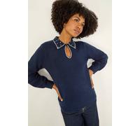 Roman Faux Pearl Collared Keyhole Knit Jumper In Navy Navy 14