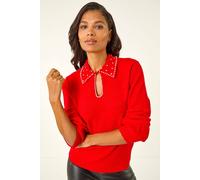 Roman Originals Faux Pearl Collared Keyhole Knit Jumper for Women UK - Ladies Everyday Autumn Winter Comfy Soft Evening Vacation Work Party Night Out - Red - Size 20