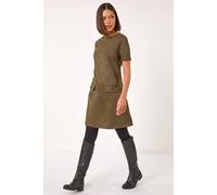 Roman Originals Suedette Button Shift Stretch Dress for Women UK - Ladies Everyday Autumn Winter Round Neckline Comfy Soft Evening Vacation Work Party Night Out - Khaki - Size 20