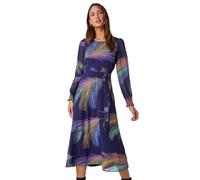 Roman Feather Print Belted Midi Dress for Women UK - Ladies Autumn Everyday Winter Holiday Round Neckline Comfy Long Sleeve Soft Fit & Flare Frock Dinner Date Gowns - Purple - Size 10