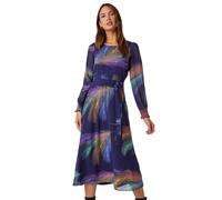 Roman Feather Print Belted Midi Dress for Women UK - Ladies Autumn Everyday Winter Holiday Round Neckline Comfy Long Sleeve Soft Fit & Flare Frock Dinner Date Gowns - Purple - Size 12